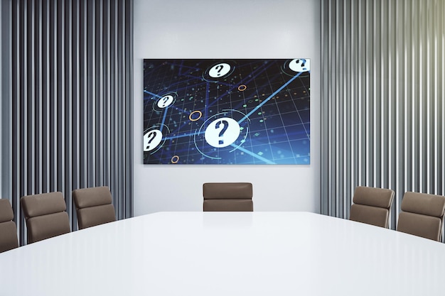 Creative concept of question mark illustration on presentation screen in a modern conference room FAQ and search concept 3D Rendering