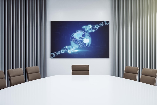 Creative concept of robotics technology with globe sketch on presentation screen in a modern conference room Robot development and automation concept 3D Rendering