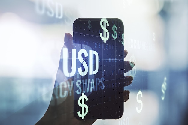 Creative concept of usd symbols illustration and hand with phone on background trading and currency concept multiexposure