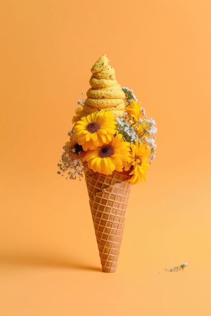 Creative concept of vegetarian ice cream Fruit yellow sorbet with flowers in waffle cone