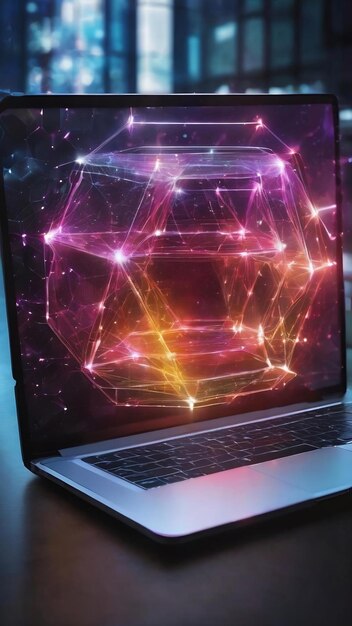 Creative concept of wireless technology with hexagon hologram on modern laptop background big data a