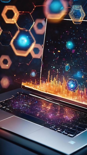 Creative concept of wireless technology with hexagon hologram on modern laptop background big data a