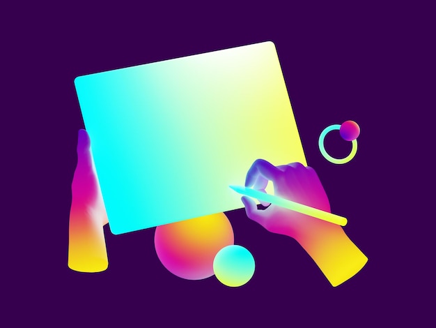 creative concept with colorful neon objects levitating hands holding graphic tablet