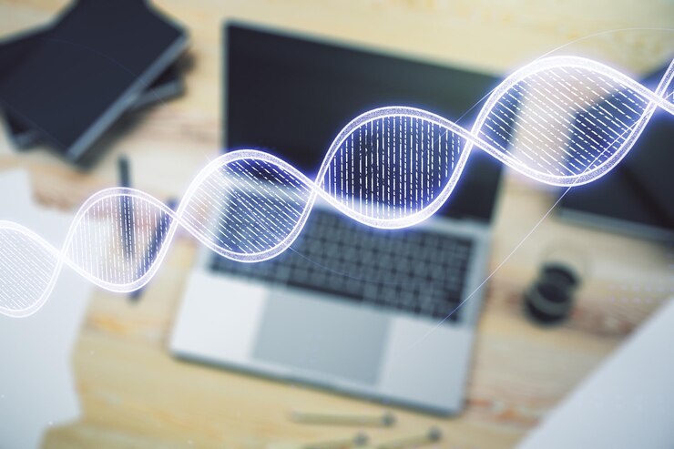 Photo creative concept with dna symbol illustration on modern laptop background genome research concept multiexposure