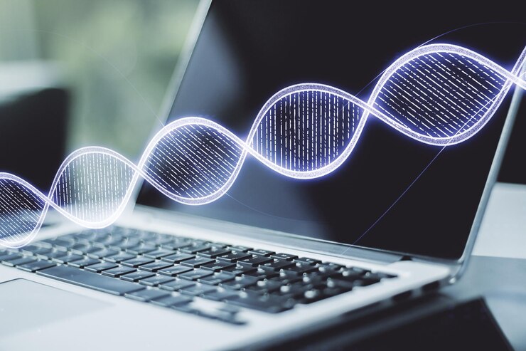 Photo creative concept with dna symbol illustration on modern laptop background genome research concept multiexposure