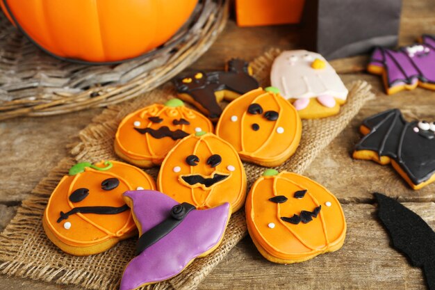 Creative cookies for halloween party on wooden table close up