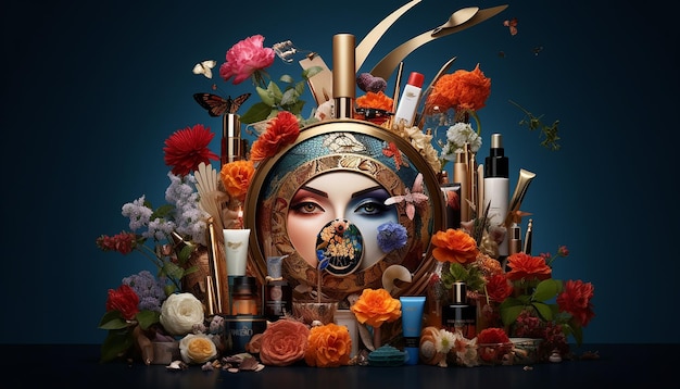 Foto composizione di cosmetici creativi per pubblicità sessione fotografica commerciale