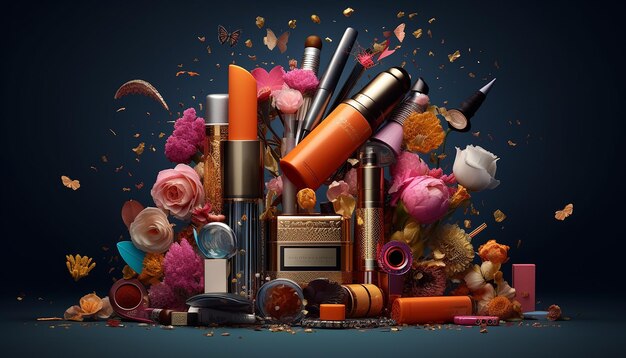 Foto composizione di cosmetici creativi per pubblicità sessione fotografica commerciale