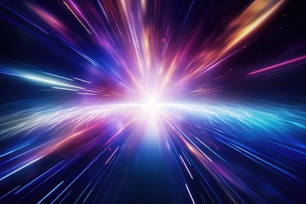 Творческий космический гиперскачок в другую галактику Неоновые светящиеся лучи в движении Концепция космических путешествий Генеративная иллюстрация ИИ