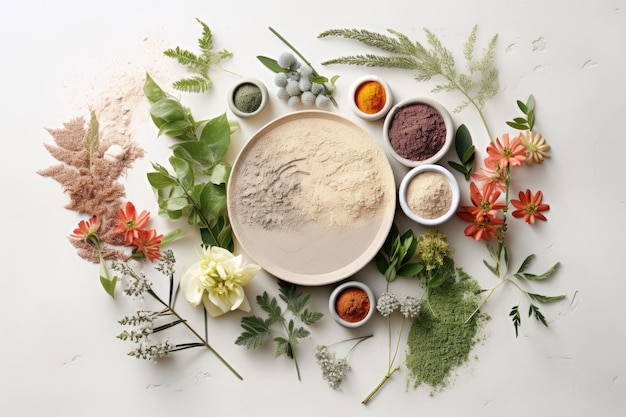 A creative depiction of the natural cosmetics trend featuring a selection of cosmetic clays perfect