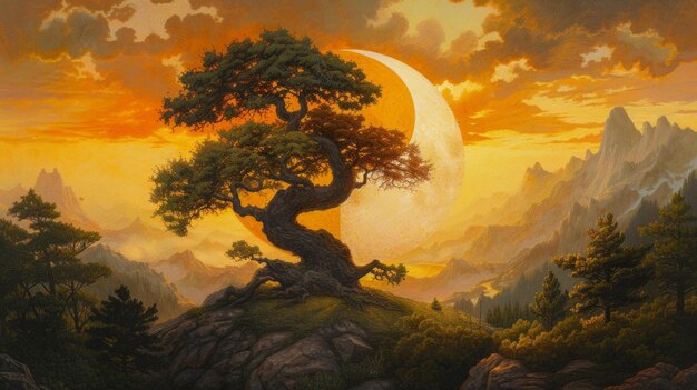 Creative depiction of the Ying Yang symbol harmoniously combined with the Yggdrasil tree AI Generative