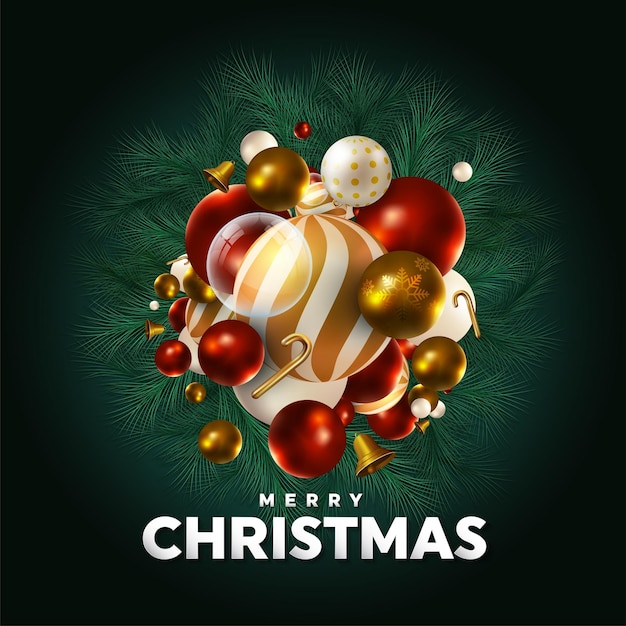 Creative design for Christmas baubles decoration on dark green background with copy space.