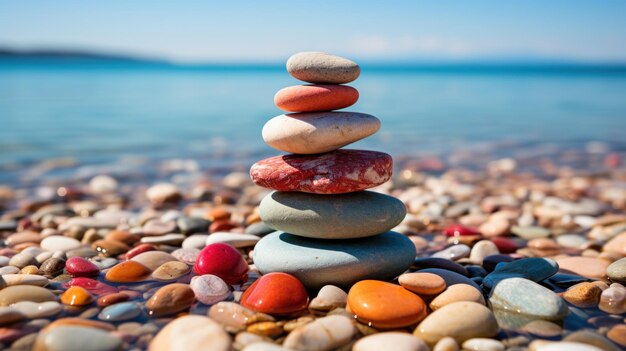 Creative design of round stones forming a pyramid in water with a beautiful landscape