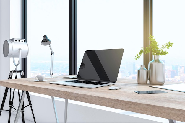 Креативный дизайнерский рабочий стол с пустым ноутбуком в современном интерьере с окном камеры и ярким видом на город Макет 3D-рендеринга