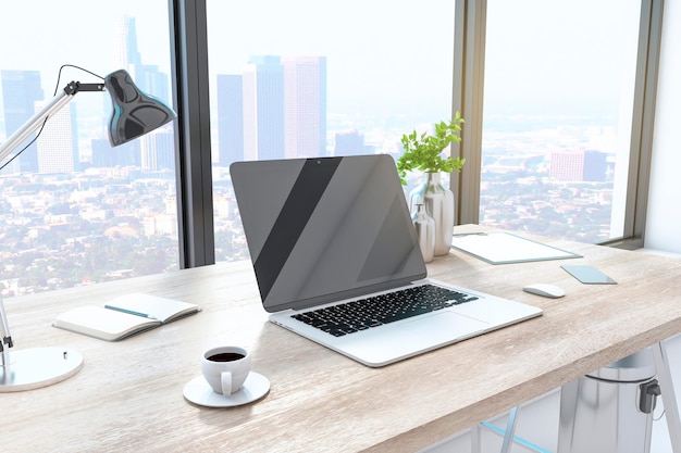 Photo creative designer desktop with empty laptop computer in modern interior with window and bright city view mock up 3d rendering