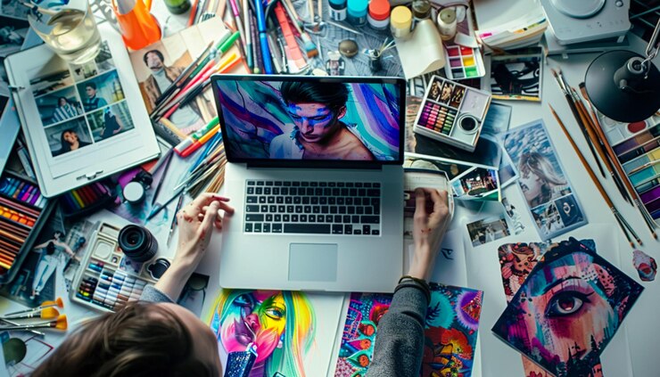A creative designer working on images and photos surrounded by art supplies like paintbrushes