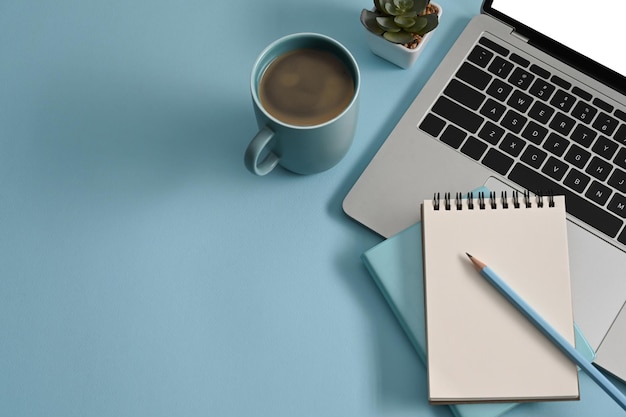 Creative designer workplace with computer laptop coffee cup and succulent plants on blue background