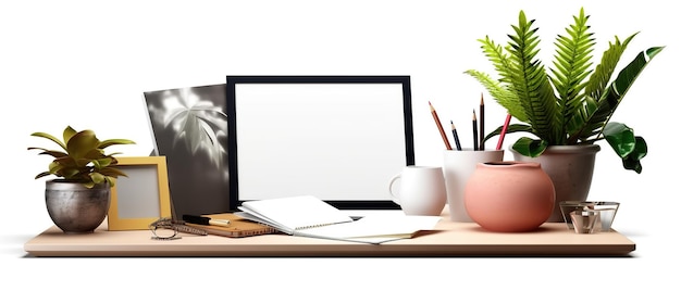 Creative desk with a blank picture frame or poster desk objects Ai Generated