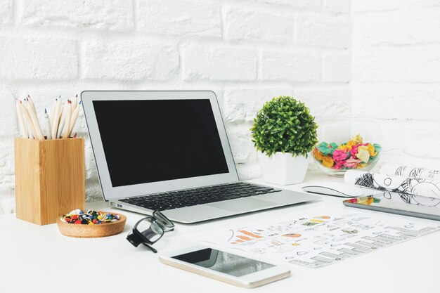 Photo creative desk with devices