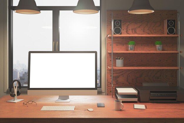 creative desk with empty white computer