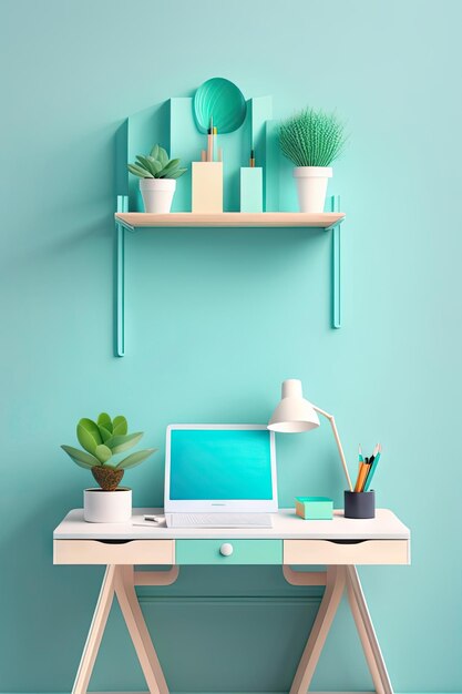 Creative desk with mint color supplies inspiriting workplace for student