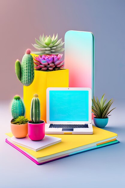 Creative desk with notebook desk objects office supplies books and cactus on a white background