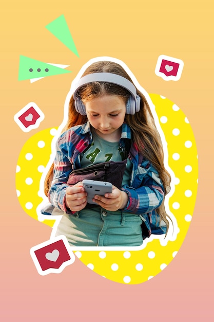 Creative digital collage stylish girl in headphones smartphone using social media listening to music