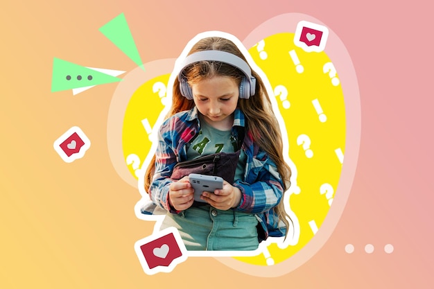 Creative digital collage stylish girl in headphones smartphone using social media listening to music