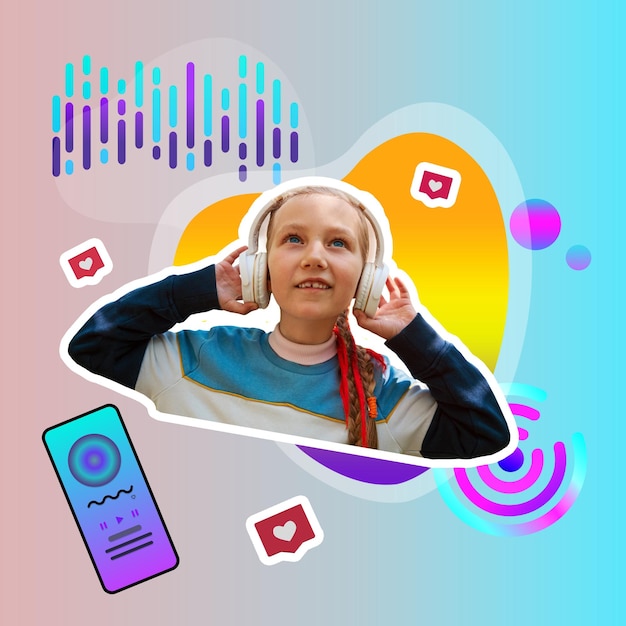 Creative digital collage stylish girl in headphones smartphone using social media listening to music