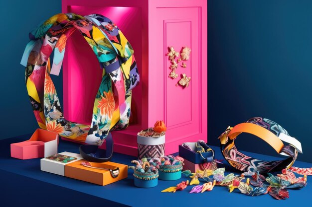 Photo creative display of fashion accessories with colorful playful looks created with generative ai