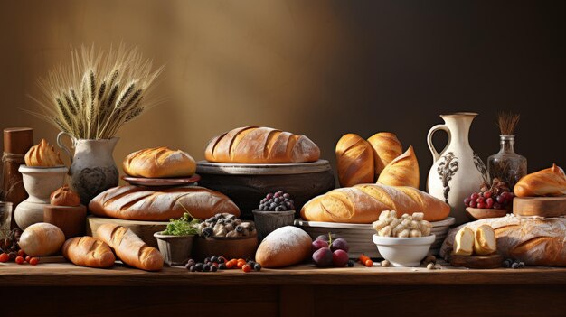 Photo a creative display of pastries and breads from croissants to whole grain loaves the assortment sug