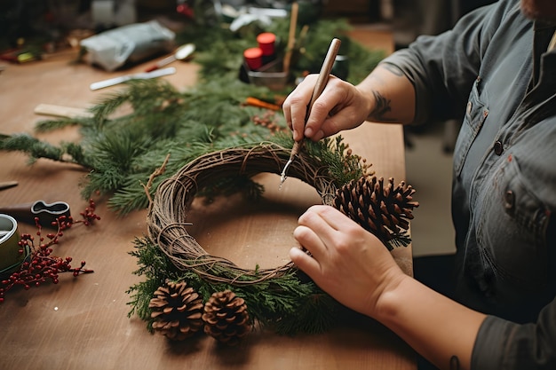 Photo creative diy holiday wreath making with pine cones stepbystep guide for fe