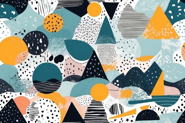 Creative doodle art seamless pattern with different shapes and textures Collage Vector