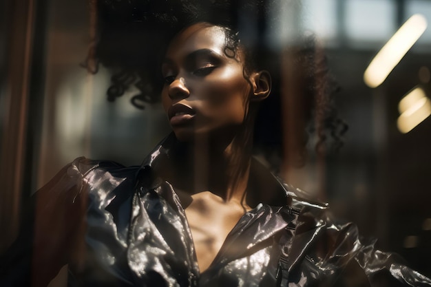Творческий двойной экспозиционный портрет сексуальной афроамериканской женщины в городской промышленной среде