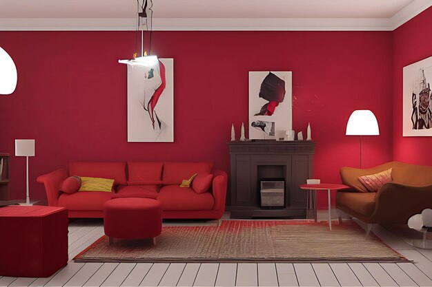 Foto creative drawing room wall paint colore marrone rosso con divano