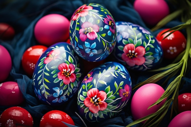 Creative easter layout made of colorful eggs and flowers on blue background