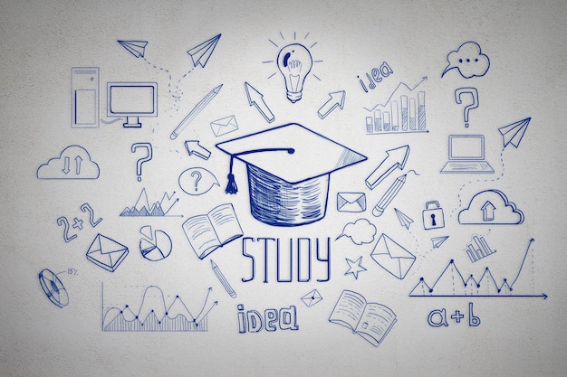 Creative education sketch on concrete wall background Freehand drawing of school items Back to School concept