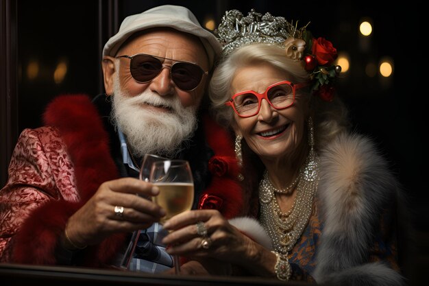 Photo creative elderly fashionably dressed man and woman sitting at the table and celebrating the holiday