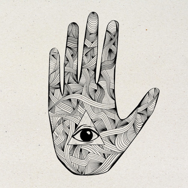 creative esoteric mandala hand with eye drawing on light texture oriental ornament and hinduism concept