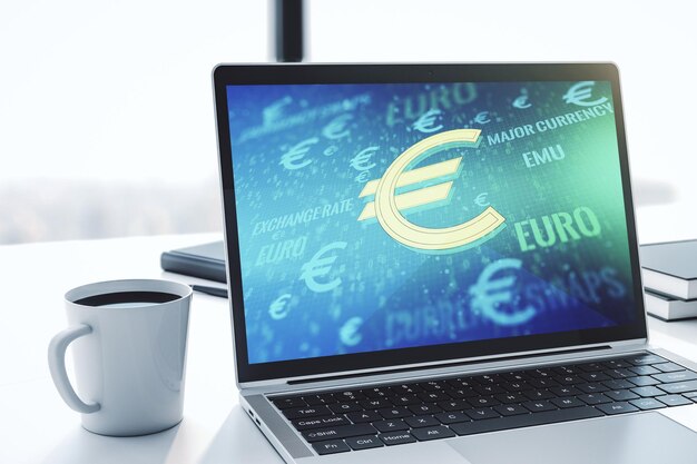 Creative EURO symbols sketch on modern laptop monitor strategy and forecast concept 3D Rendering