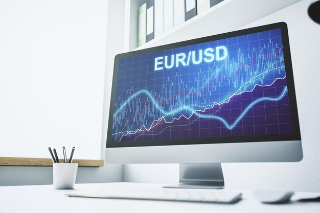 Creative EURO USD financial graph illustration on modern computer monitor forex and currency concept 3D Rendering