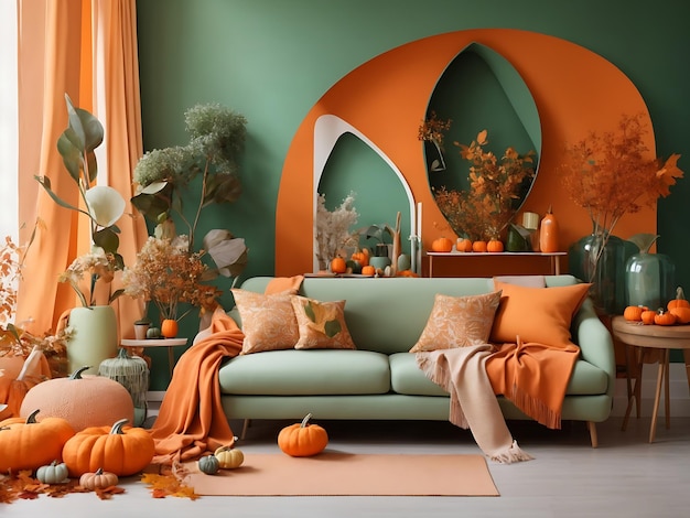 Креативный осенний домашний декор в пастельных оранжевых и военно-зеленых тонах на фоне палитры Ai Generated