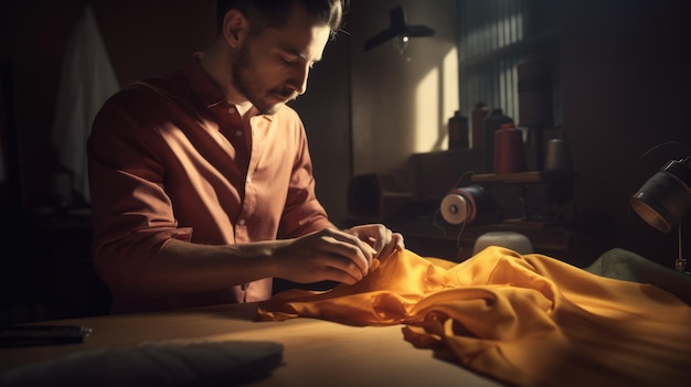 Фото Креативный модельер мужчина латиноамериканец молодой взрослый пошив и сборка одежды на швейной станции генеративный ai aig22