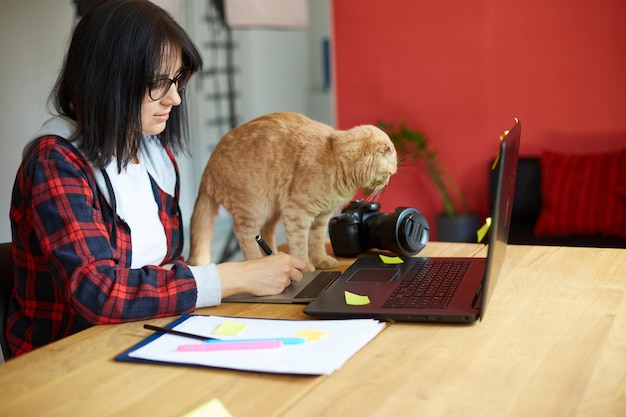 Fotografa femminile creativa con un simpatico gatto che utilizza una tavoletta grafica e una penna stilo