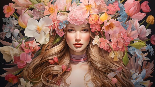 Creative female portrait with flowers in her head background