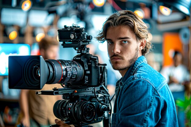 Foto team creativo di produzione cinematografica in uno studio vibrante guidato da un videografo caucasico circondato da apparecchi di illuminazione e revisione delle note di produzione