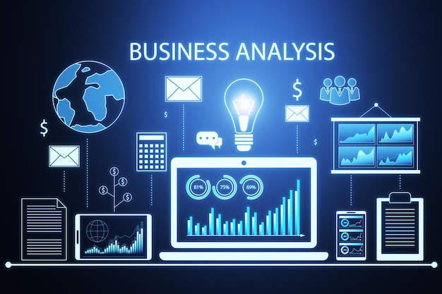Creative financial data and accounting hologram with devices and charts on blue background Statistic research and technology concept 3D Rendering