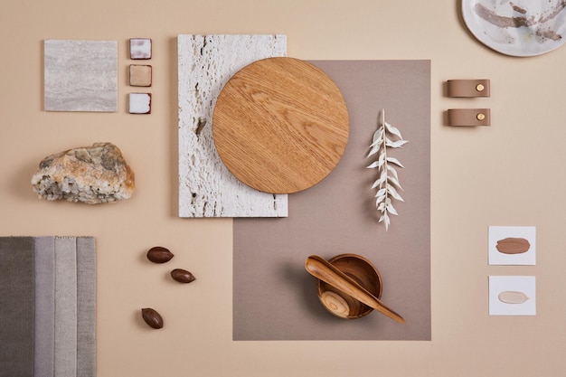 Creative flat lay composition with textile and paint samples panels and cement tiles Stylish interior designer moodboard Light beige color palette Copy space Template