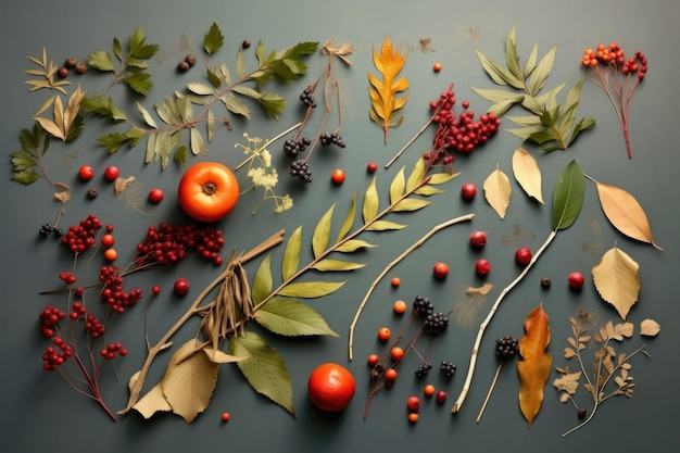 Creative flat lay of leaves berries and twigs