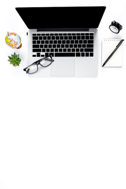 Creative flat lay photo of modern workplace with laptop, top view laptop background and copy space 